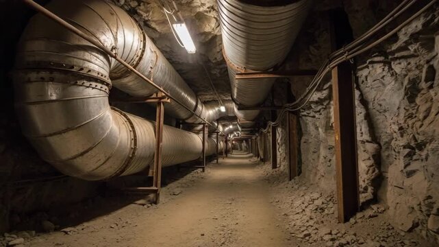 Medium shot of dry underground tunnel ventilation system showcasing robust metallic air ducts amidst rocky mine shaft walls.