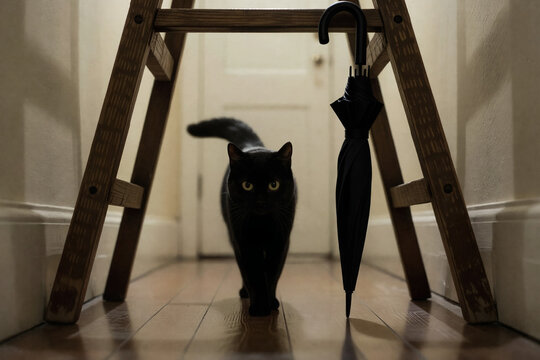 Gato negro bajo una escalera junto a un paraguas cerrado en interior, escena simb&oacute;lica sobre supersticiones y lo sobrenatural, inspirando a no dejar que los miedos frenen los prop&oacute;sitos del nuevo a&ntilde;o.