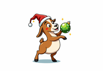 Festive Cartoon Reindeer Wearing Santa Hat Holding a Christmas Ornament with Sparkling Joy in a Cheerful Holiday Illustration