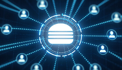 Digital Networking of Burger Icon: A dynamic illustration showing a network of interconnected users focusing on a central burger icon, highlighting digital interactions and networking.