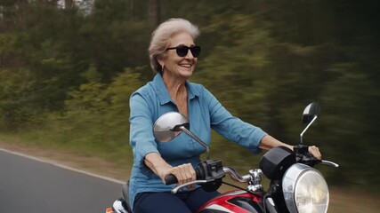 A vibrant senior woman exudes joy and freedom, confidently riding her motorcycle on an open road, embracing an adventurous and independent lifestyle with a cheerful smile