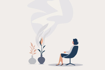 Relaxed businesswoman sitting in chair watching burning candle and smoke in vases, modern flat vector illustration of therapy, stress relief, mindfulness and mental health care on light background.