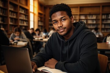 College student with short curly hair and light stubble studying in library
