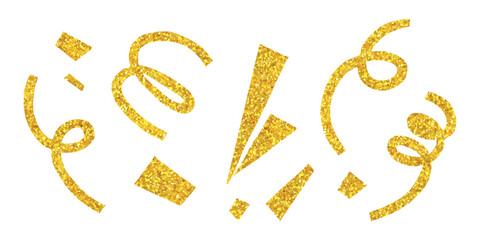 Obraz premium Gold glitter confetti paper cut outs set. Golden sparkling clip art, doodle stickers for party collage and scrapbook. Modern retro vector illustration for mixed media design