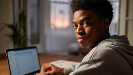 American male student with short hair studying on laptop, focused determined gaze