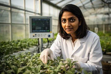 Female scientist in lab coat examining young plants in greenhouse with focus