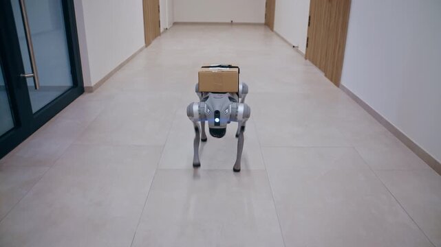 Futuristic automated quadrupedal robot dog carrying a package for delivery walking along an empty office hallway