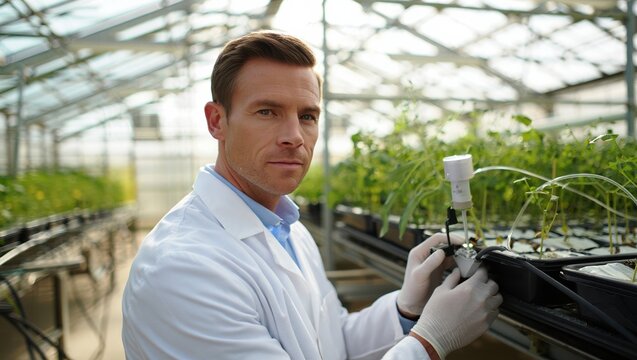 Male scientist in white coat inspecting hydroponic plants in a bright greenhouse - Powered by Adobe