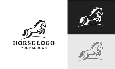 Dynamic jumping horse logo design presented in three distinct color variations for branding purposes.