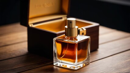 Video A bottle of perfume sits on top of a wooden table, ready for use