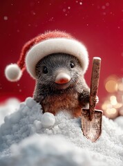 Weihnachtlicher Maulwurf mit Schaufel im Schnee