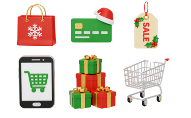 Christmas online shopping icons with gifts, sale tag and cart isolated on transparent background