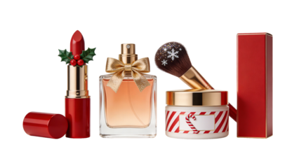 Christmas beauty cosmetics gift set with perfume, lipstick and cream isolated on transparent background