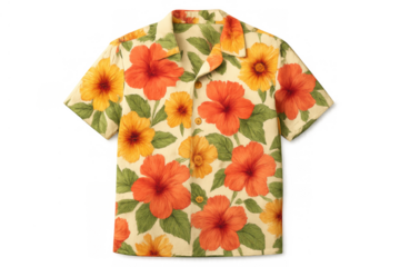 Hawaiian shirt featuring vibrant orange and yellow hibiscus floral pattern for tropical summer style
