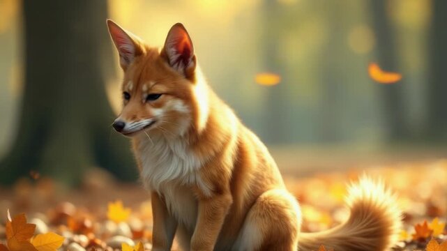 Video A dog surrounded by fall leaves, possibly playing or exploring