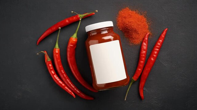 A vibrant culinary tableau of fresh red chili peppers, a jar of fiery hot sauce, and aromatic ground chili powder, evoking the powerful essence of piquant flavors