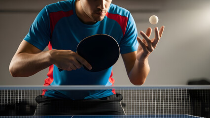 Table tennis serve moment, neck-down perspective, controlled indoor setting with cinematic light.