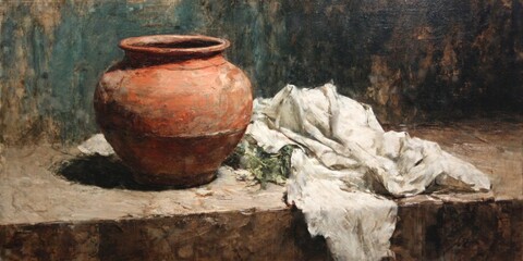 Fototapeta premium Rustic Still Life With Terracotta Pot and White Cloth Draped on Wooden Surface in a Quiet Room Setting