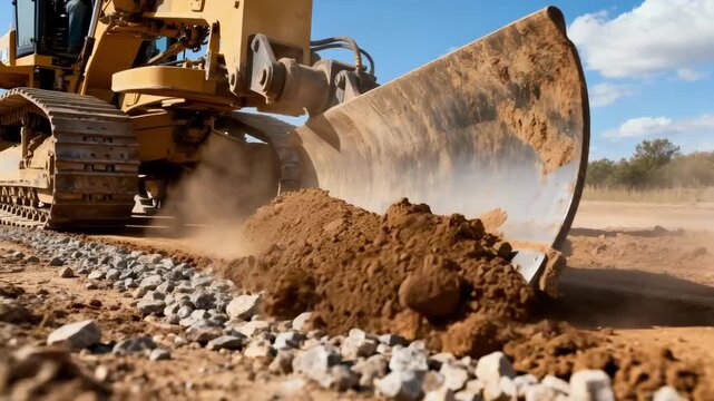 Medium shot of a grader smoothing a dirt road with the blade precisely leveling uneven terrain under a clear sky