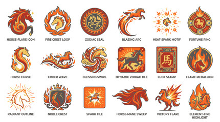 Elegant Horse Zodiac Sign Set for Chinese New Year Celebrations, Fire Horse Symbols with Fiery Mane, Perfect for Lunar Designs and Astrological Projects