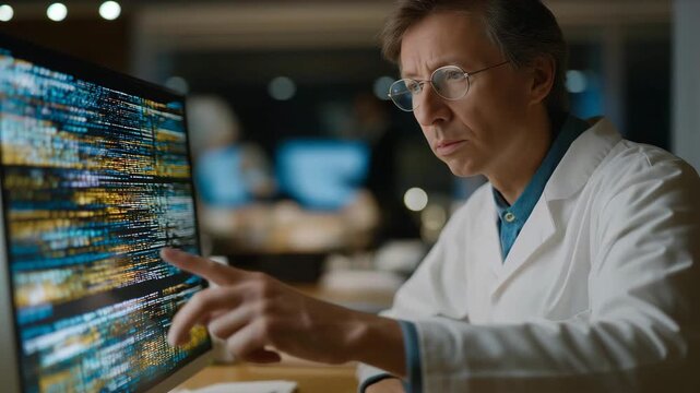 A biologist examining DNA sequences on a glowing lab screen, nucleotide patterns cascading in neon colors &mdash; genetic research, biotechnology innovation, and cutting-edge scientific analysis.