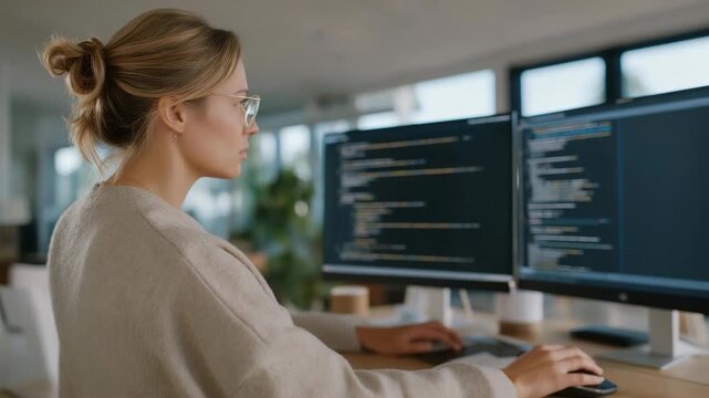 A programmer comparing two code sequences side by side on a split screen, highlighting mismatched functions and stepping through breakpoints &mdash; precise debugging analysis, clean refactoring process,