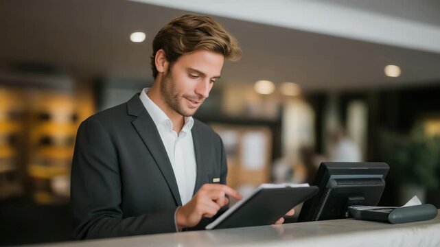 A school administrator reviewing digital visitor management logs at the reception desk &mdash; controlled access, safe campus entry, and modern check-in technology. cinematic color correction, natural