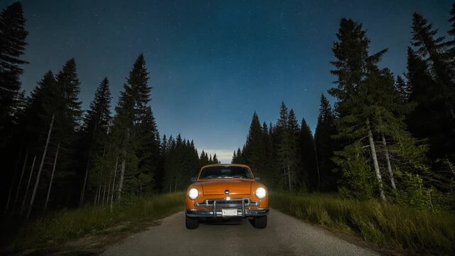 Vintage orange car driving on a dark, tree-lined road at dusk under a clear sky