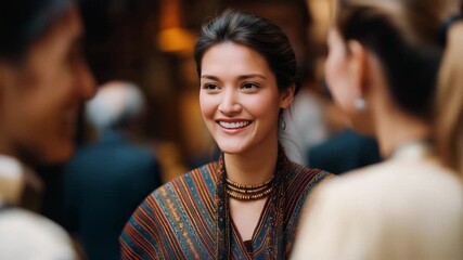 An ambassador attending a cultural exchange reception, warmly greeting guests wearing traditional attire from different nations, fostering trust and understanding through thoughtful conversation —