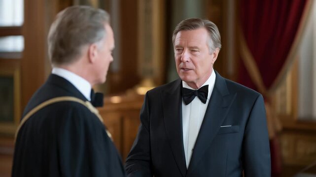 An ambassador presenting their diplomatic credentials to a head of state inside a historic government hall, the moment captured with formal decor and ceremonial significance &mdash; tradition-rich