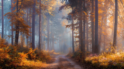Fototapeta premium “A serene country road winds through a foggy autumn forest at sunrise, with misty sunlight filtering through the colorful deciduous trees, creating a peaceful natural landscape.”