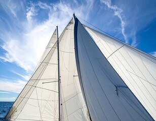Obraz premium View upward of a sailboat's billowing sails, bright blue sky