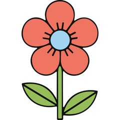 Naklejka premium A Simple Illustration Of A Coral Red Flower With A Light Blue Center And Two Green Leaves On A Black Background