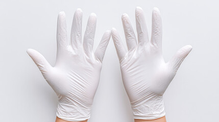 Obraz premium “A pair of disposable sterile white gloves being put on against a clean white background, emphasizing hygiene and safety.”