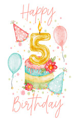 Watercolor happy birthday card for five year old.
