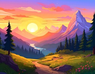 Vivid landscape painting of a sunset illuminating a mountain range