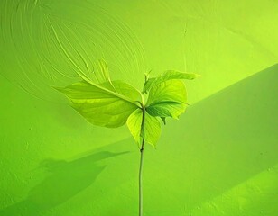 Vivid green plant against a textured wall, lit by sunlight