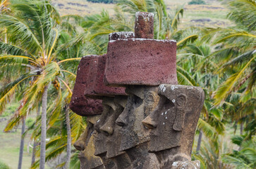 Moai Statues with Palm Trees at Anakena Beach, Easter Island