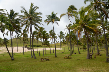 Anakena Beach view with palm trees and picnic tables under clouds