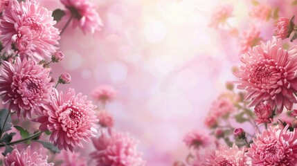 Pink chrysanthemums, vibrant and lush, against a soft blurred background. A rich floral image ideal for autumn themes, festive decor, copy space, free space for text