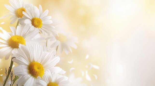 White daisies with their distinct yellow centers on a plain soft white monochrome backdrop. This image fits a baptism, confirmation or Easter celebration theme