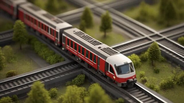 High-speed train traveling on a network of tracks surrounded by lush green trees and vegetation, a scenic railway journey