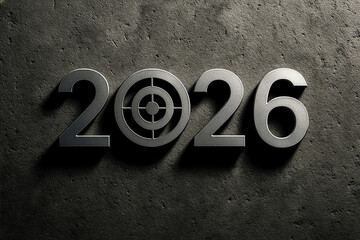 Metallic 2026 number with target symbol in zero - goal achievement, business vision and success planning for the new year