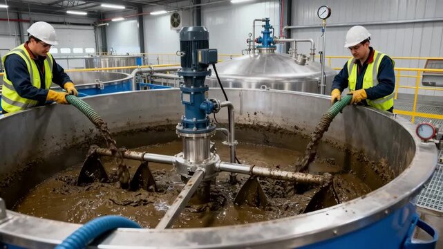 Closeup medium shot of batch anaerobic digester tanks with technicians managing sludge input highlighting controlled digestion cycles and material handling processes.