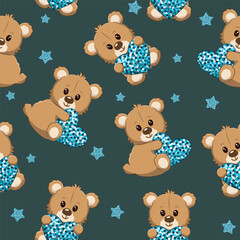 Vector seamless pattern. Illustration of many plush Teddy bears with sparkling hearts and sparkling stars. Happy Valentine's day, children, kids, shop, print, textile concept.