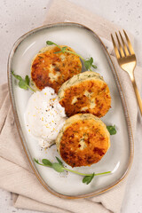 Delicious cottage cheese syrnik cakes served with yogurt and herbs on a simple plate during lunch time