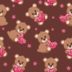 Vector seamless pattern. Illustration of many plush Teddy bears with sparkling hearts and sparkling stars. Happy Valentine's day, children, kids, shop, print, textile concept.