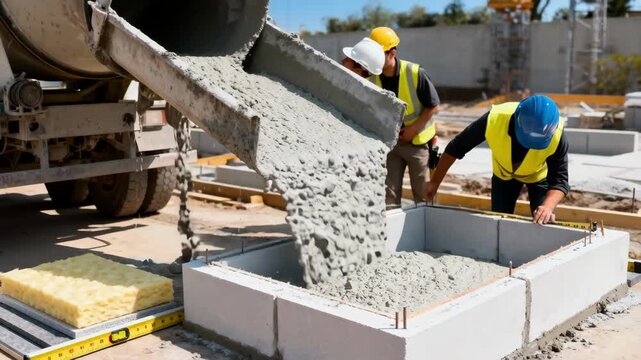 Medium shot capturing aerated concrete pouring process highlighting its lightweight and insulation advantages in construction.