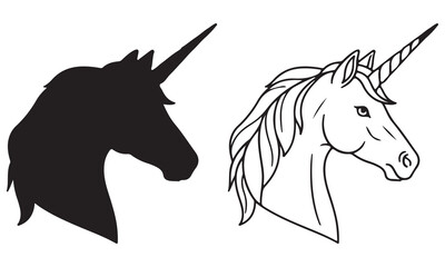 Fototapeta premium Unicorn Head Silhouette and Outline Version Side By Side horse mythical