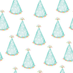 Watercolor birthday party hats pattern on white background.